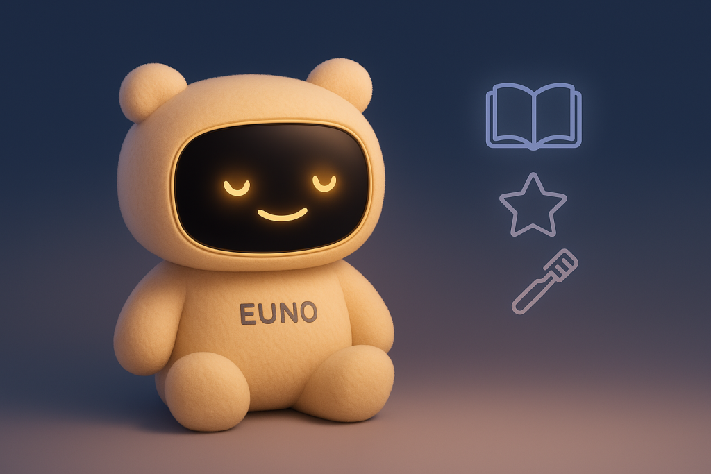 Le logo EUNO souriant. Le mode lecture, étoile et chanson sont présentés par des pictogrammes.