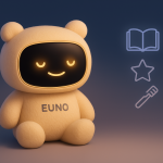 Le logo EUNO souriant. Le mode lecture, étoile et chanson sont présentés par des pictogrammes.