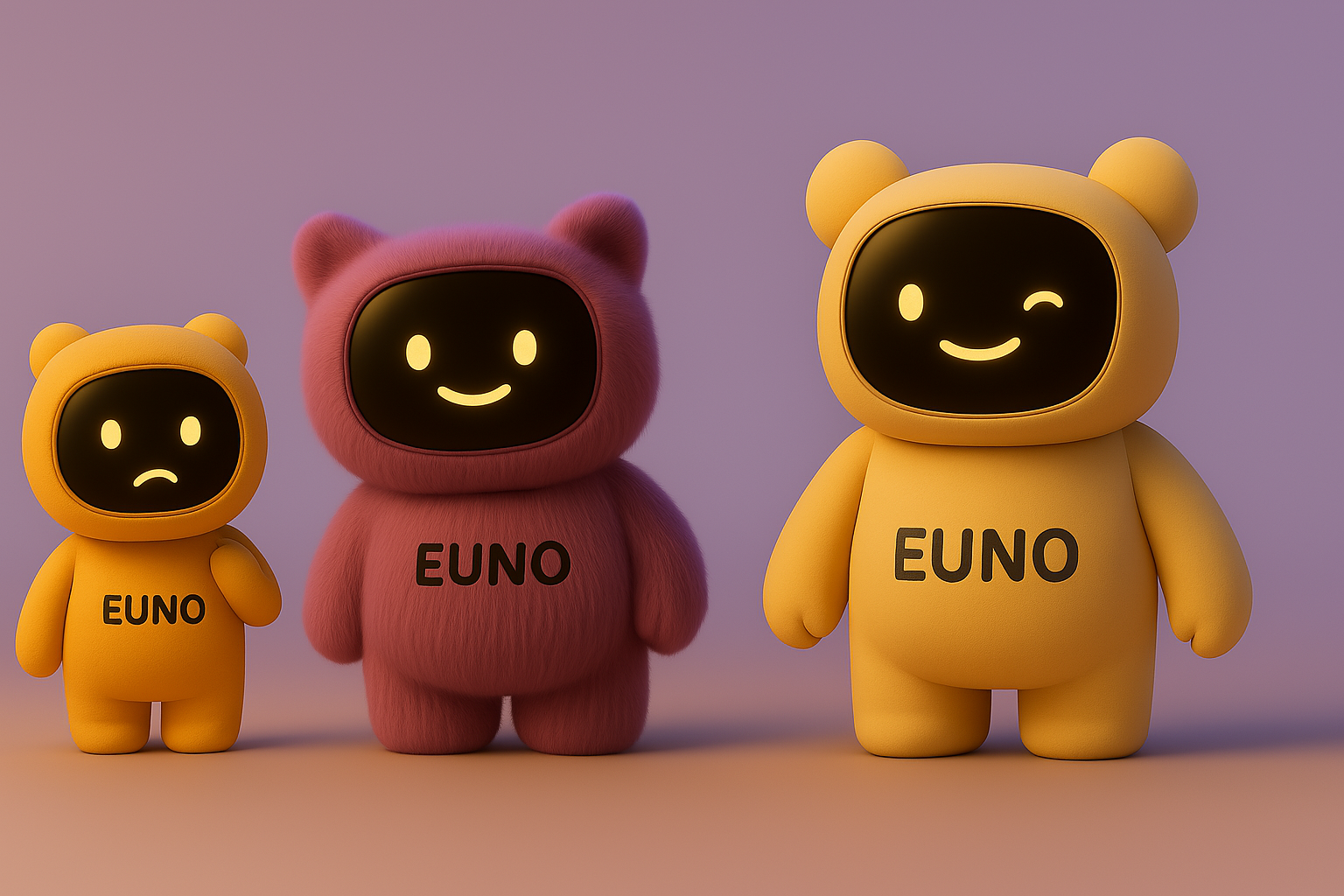 Trois robots EUNO présentent des expressions faciales différentes