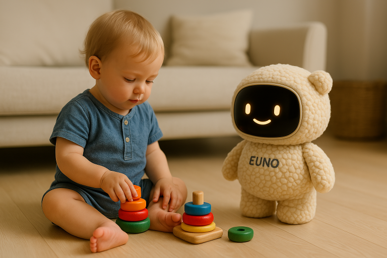 Le robot EUNO est en compagnie d'un enfant qui joue.