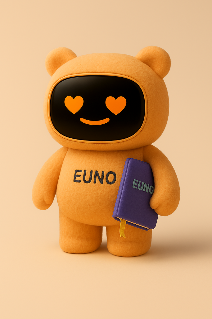 La version du robot EUNO en orange tient un livre.